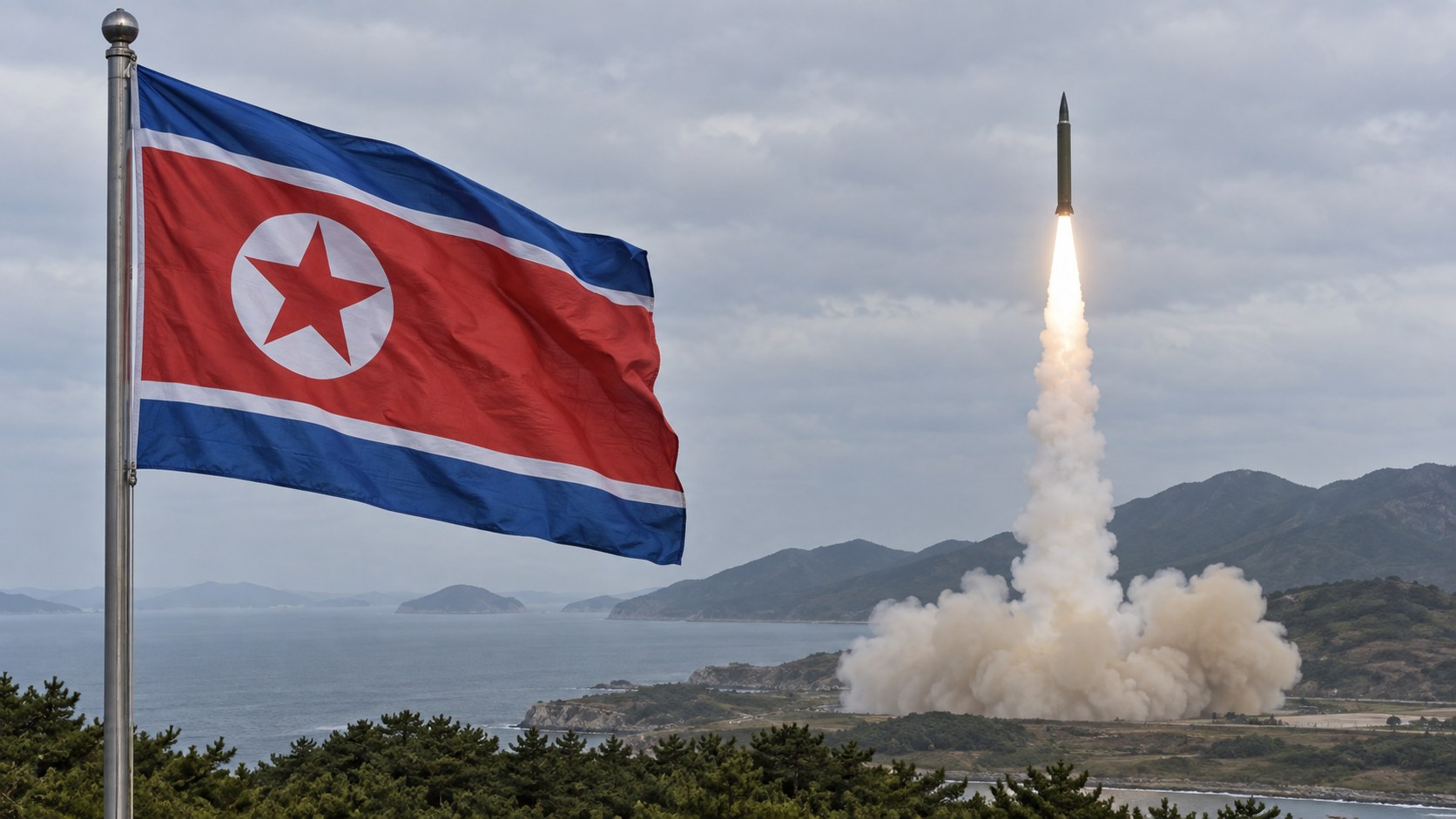 Ilustración editorial generada con IA: bandera de Corea del Norte y un misil en lanzamiento en un entorno representativo; no es una fotografía del hecho.