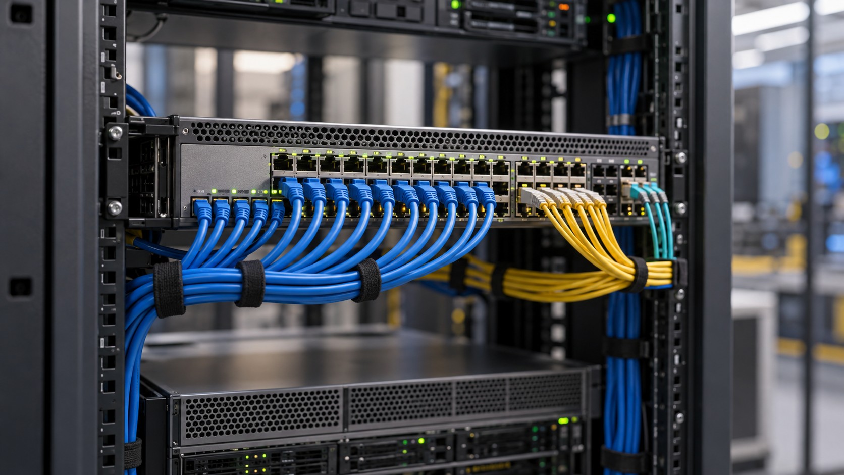 Ilustración editorial generada: equipo de red con cables en un rack de servidores
